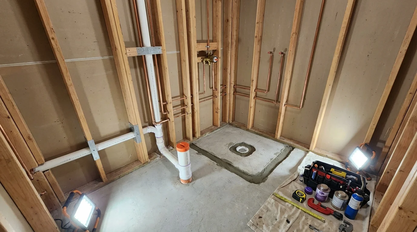 Bathroom rough-in plumbing during remodel by Johns Plumbing LLC in Snow Hill