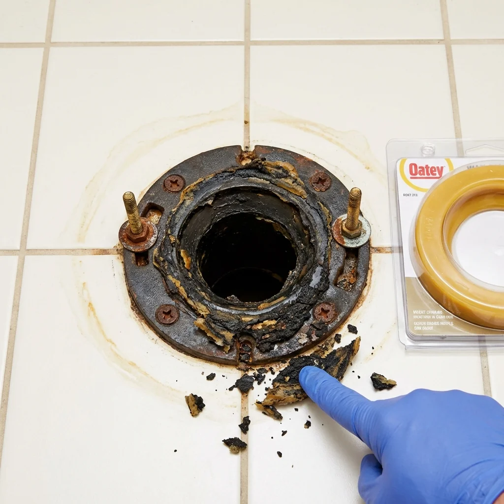 Failed wax ring showing water seepage at the base of a toilet in a Snow Hill, MD home
